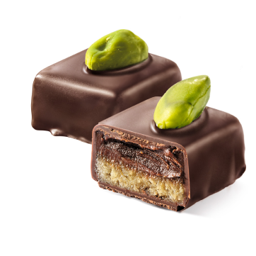 Pistacchio — Ganache e marzapane mandorla-pistacchio, ricoperta di fondente